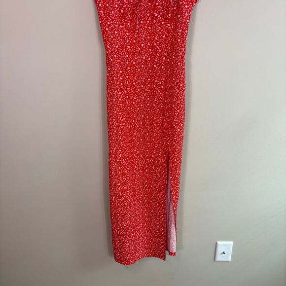 Zara Red with White Floral Print Midi Dress with Slit Side Size Medium - Picture 4 of 9